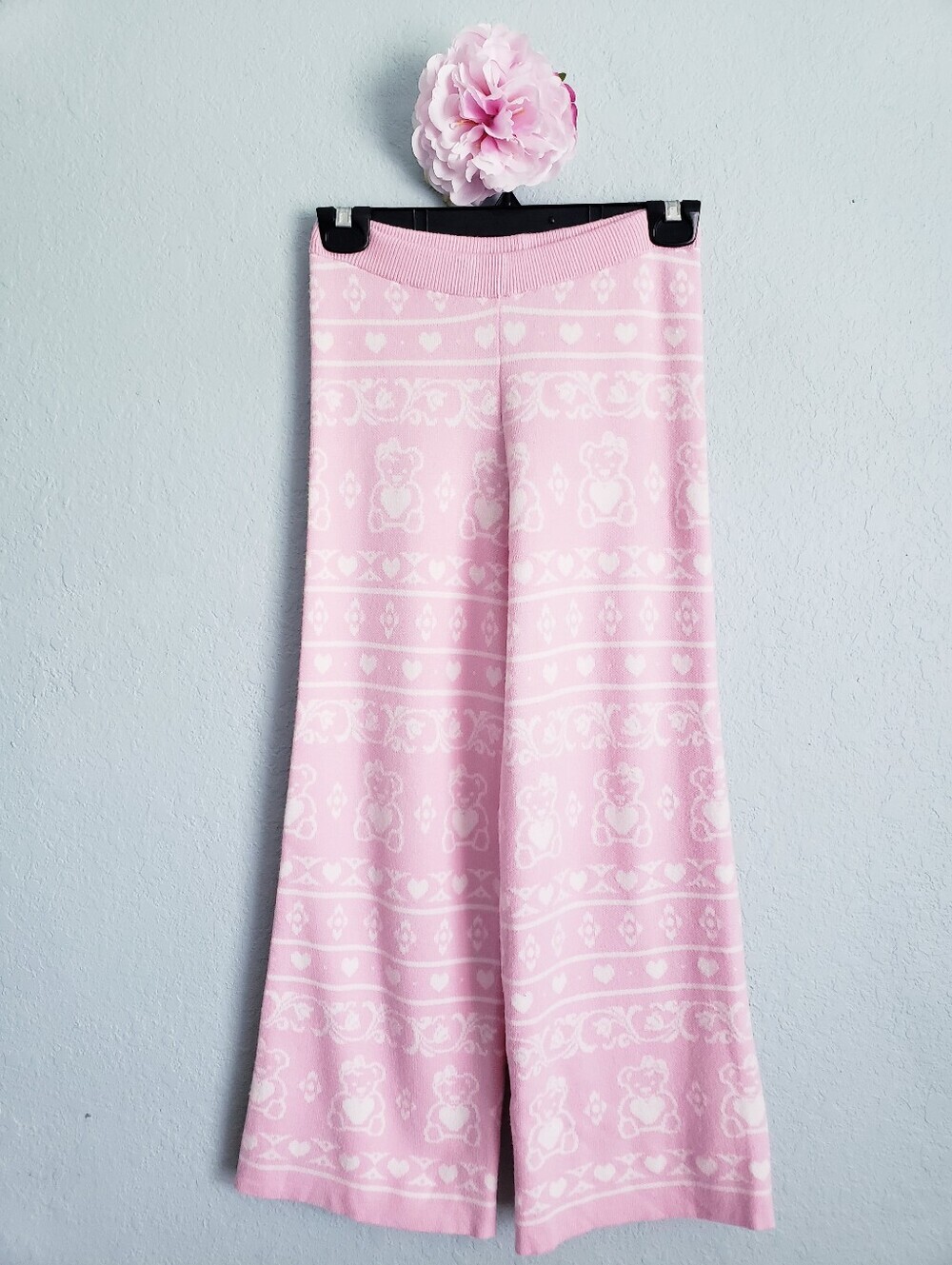 Liv & Lottie Pink & White Teddy Bear Fair Isles Heart Knit Wide Leg Pants